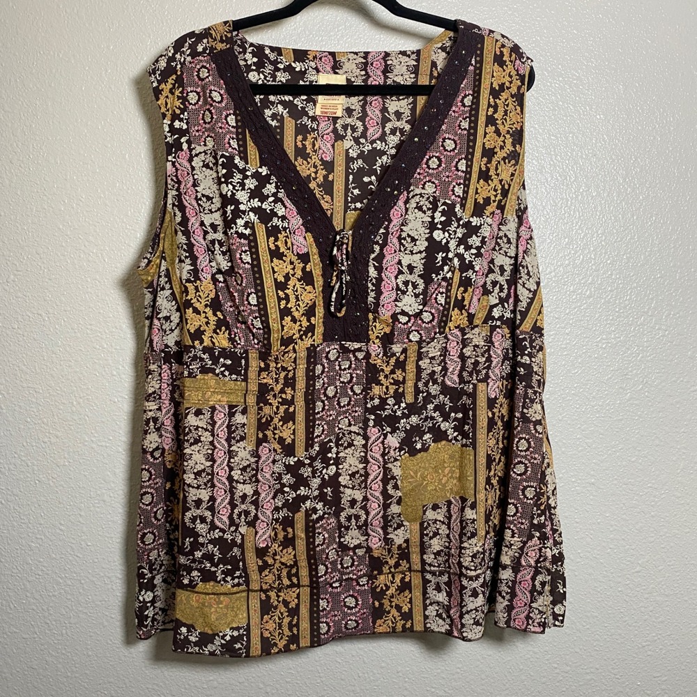 Y2K Brown Babydoll Top 18W Patchwork Boho Country Western Cowgirl Festival 2000s